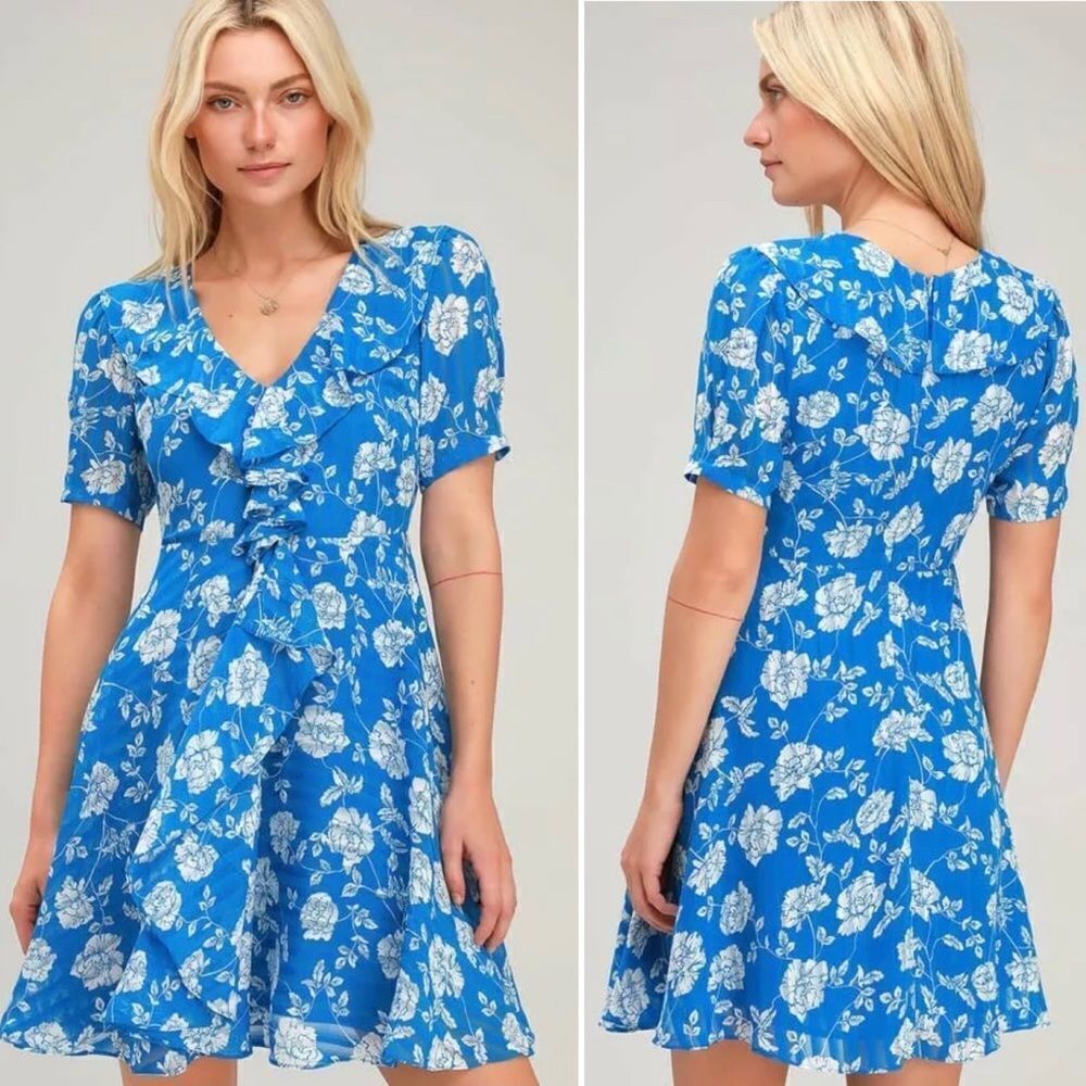 Lulu’s Blu White Ximena Floral Ruffle Mini Dress Sz M NWT